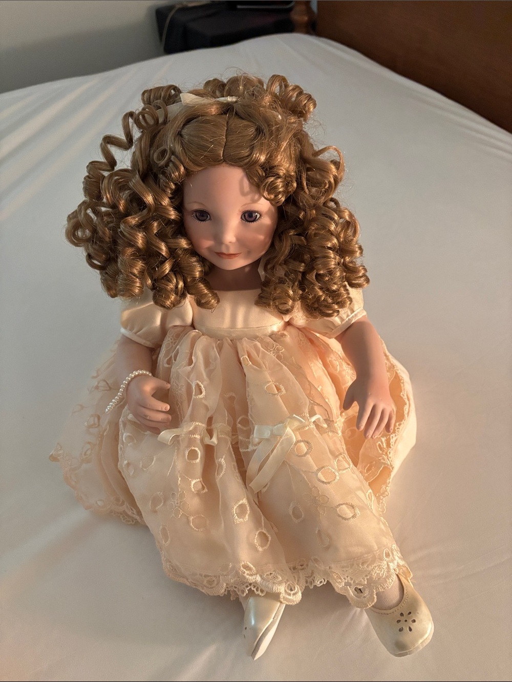 Porcelain-Style Girl Doll in Peach Lace Dress - Elegant Kids Collectible